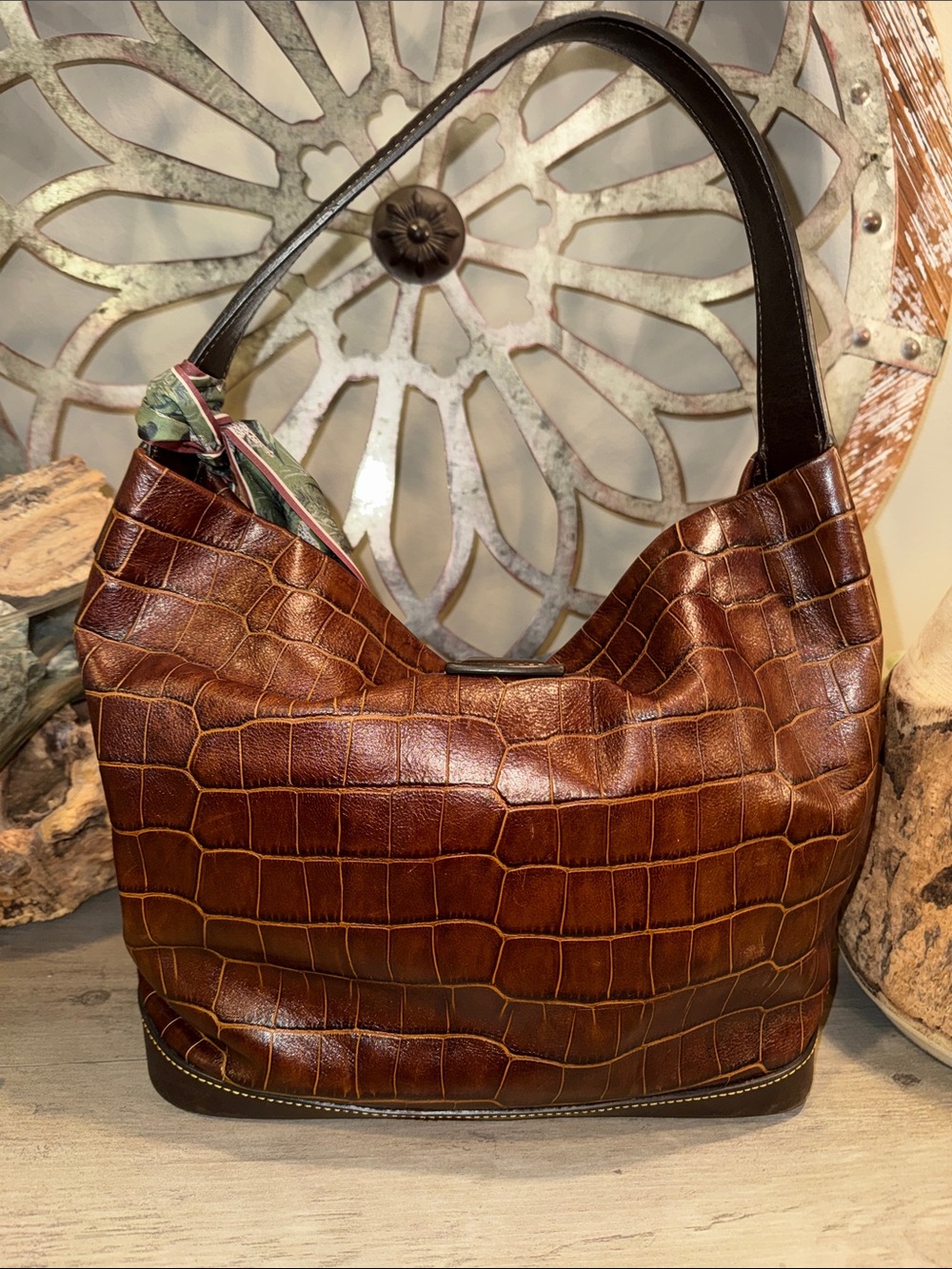Croc-Embossed Brown Leather Shoulder Bag with Decorative Scarf - Picture 3 of 7